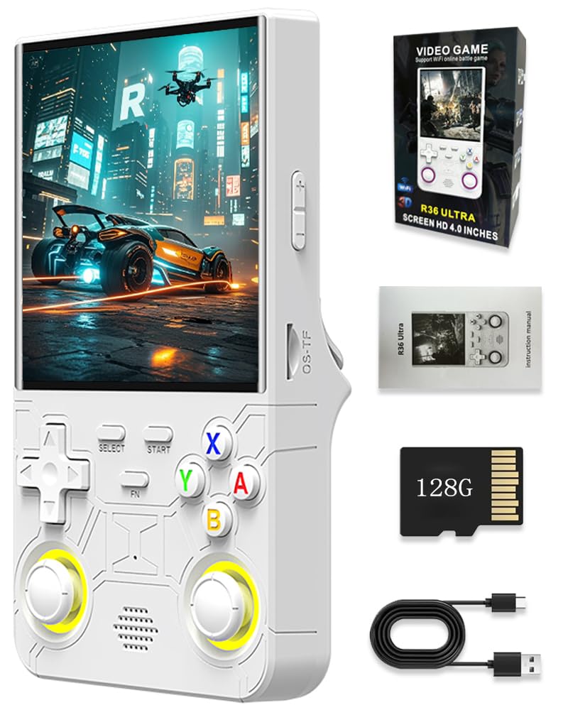 Open Source Game Handheld-Konsole 4 IPS-Bildschirm Tragbare Videokonsole 128G 20000+ Spiele Linux-System Unterstützung WiFi Bluetooth (Weiß, 128G)