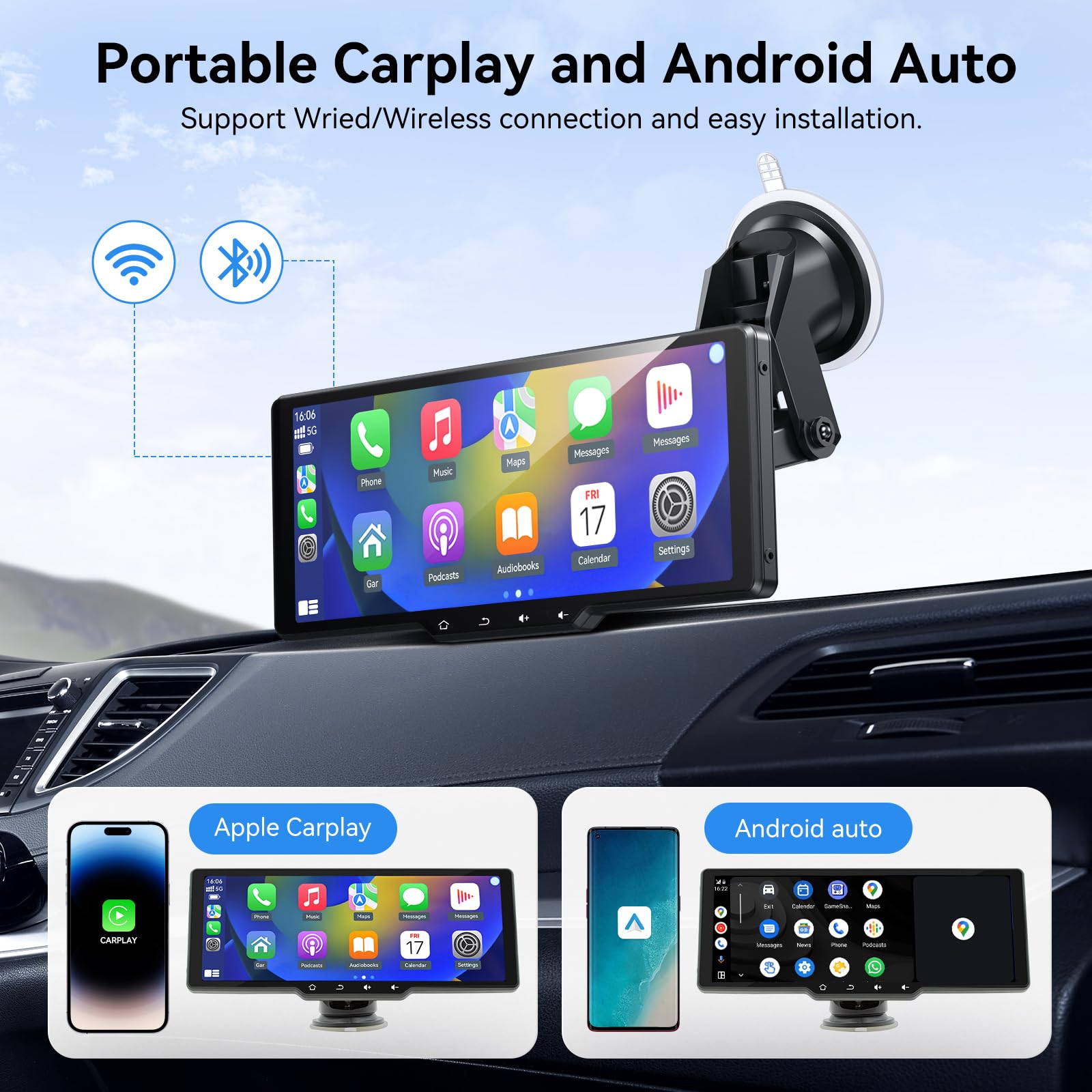 10.26In Drahtloses Carplay-Bildschirm für Auto, Tragbarer Touchscreen Car Play Bildschirm mit Carplay, Android Auto, 720P Rückfahrkamera, GPS-Navigation, Sprachsteuerung