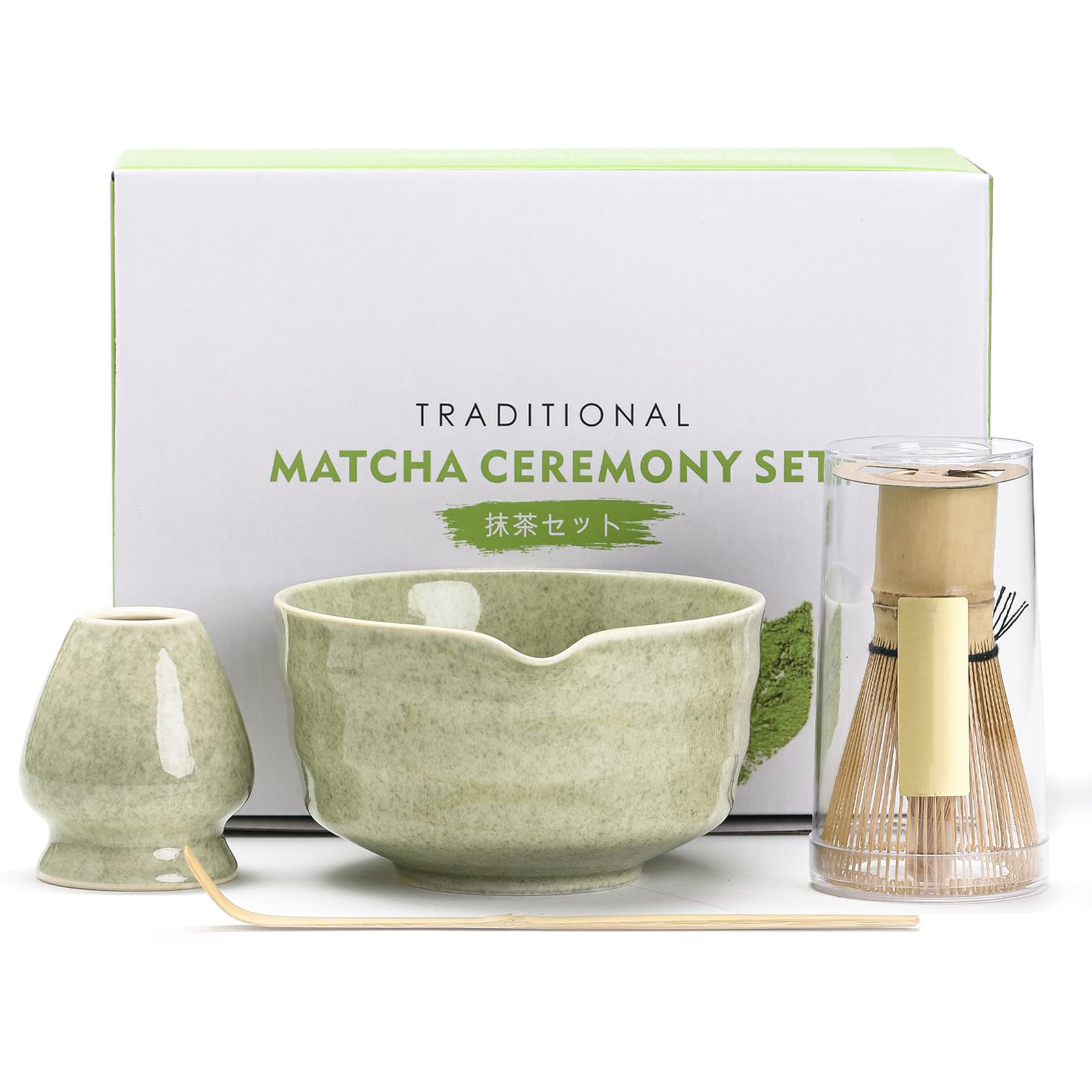 Matcha-Set, Japanisches Tee-Set Enthält Matcha-Schale, Matcha-Besenhalter, Bambus-Matcha-Besen und Bambus-Schaufel, 17 oz Fleckige Tee-Grün-Glasur Keramik-Matcha-Kit
