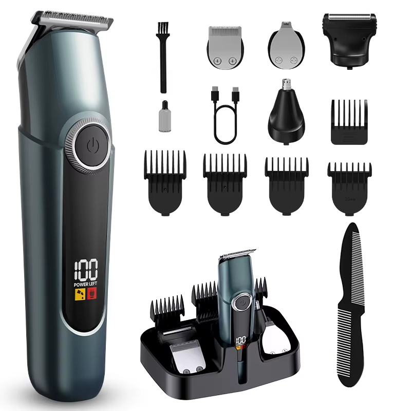 Kabellose Haarschneider Trimmer Barber 5-in-1 Bart Nase Rasierer mit LED-Digitalanzeige Wiederaufladbares Haarschneideset Wasserdicht Für Herren Cyan blau