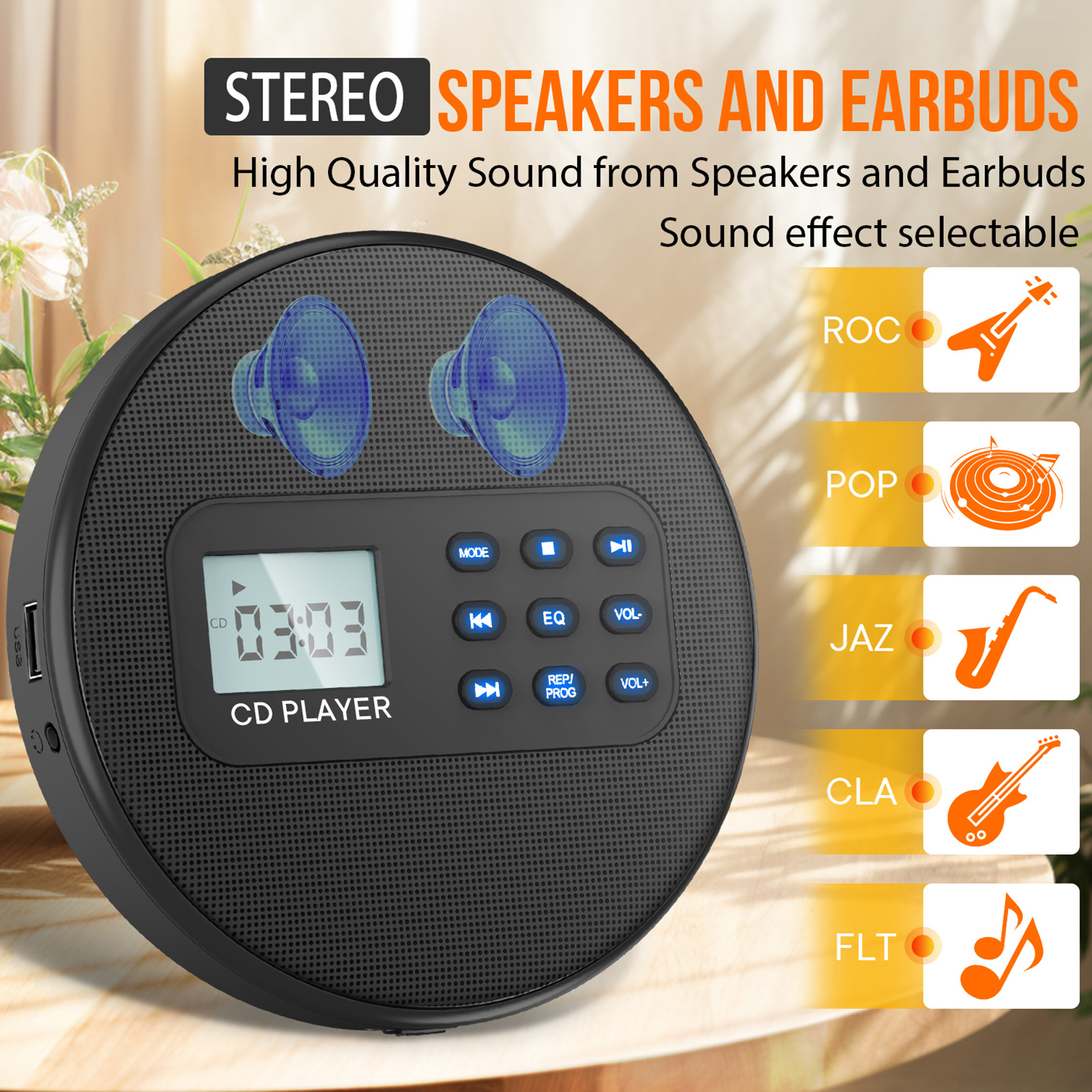 Tragbarer CD-Player Wiederaufladbarer Walkman CD-Player mit Stereo-Lautsprechern und Anti-Skip-Schutz Discman CD-Player mit Kopfhörern LCD-Display mit Hintergrundbeleuchtung