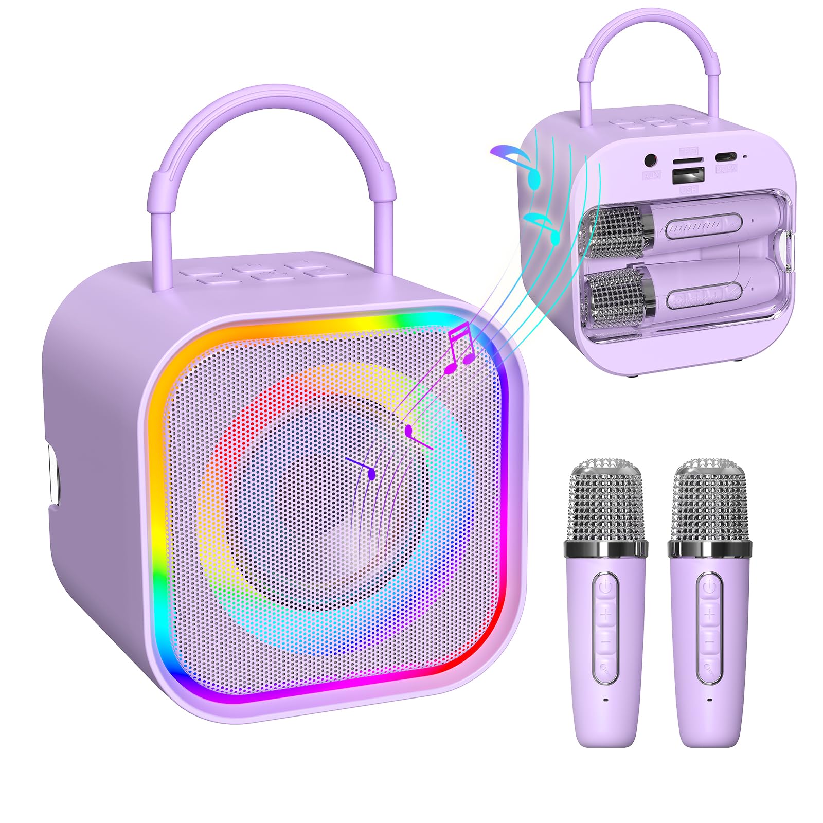 Mini Karaoke Machine Portable Bluetooth-Lautsprecher mit 2 drahtlosen Mikrofonen Eingebauter Speicher, Spaßige Stimmeffekte Dynamische LED-Lichter, Geburtstagsgeschenke (Purple)