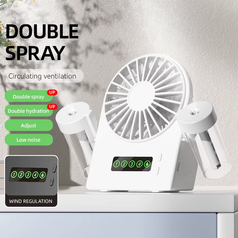 Dual Spray Desktop Ventilator 2 In 1 USB Tragbarer Digitaler Display Wasser Ergänzungs Spray Ventilator 1200mAh Vierstufen Wind Farbe Weiß