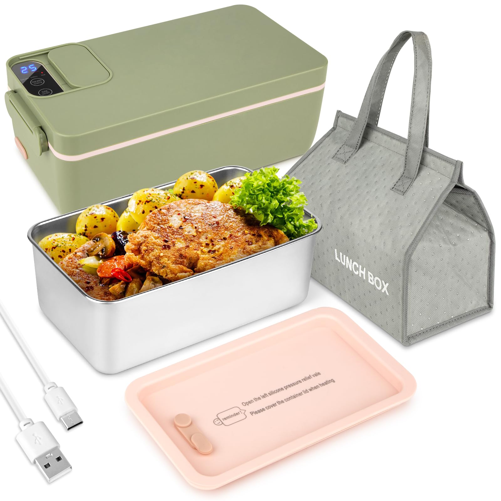 Kabellose elektrische Lunchbox-Essenserhitzer, batteriebetriebene beheizte Lunchbox-Essenwärmer, einstellbare Heiz- und Erwärmungszeit (Grün)