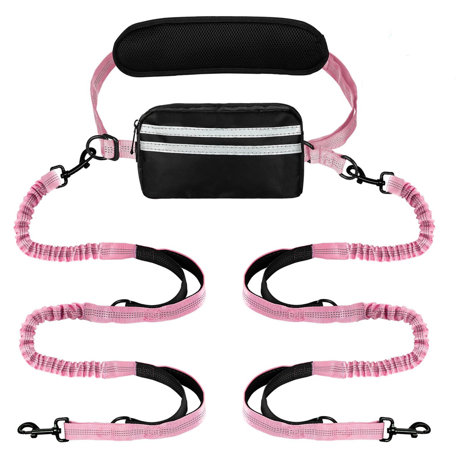 Hands Free Hundeleine mit Tasche, Doppelleine für zwei Hunde, einziehbarer Bungee mit doppelt gepolsterten Griffen zum Spazierengehen und Laufen mit Hunden, Pink