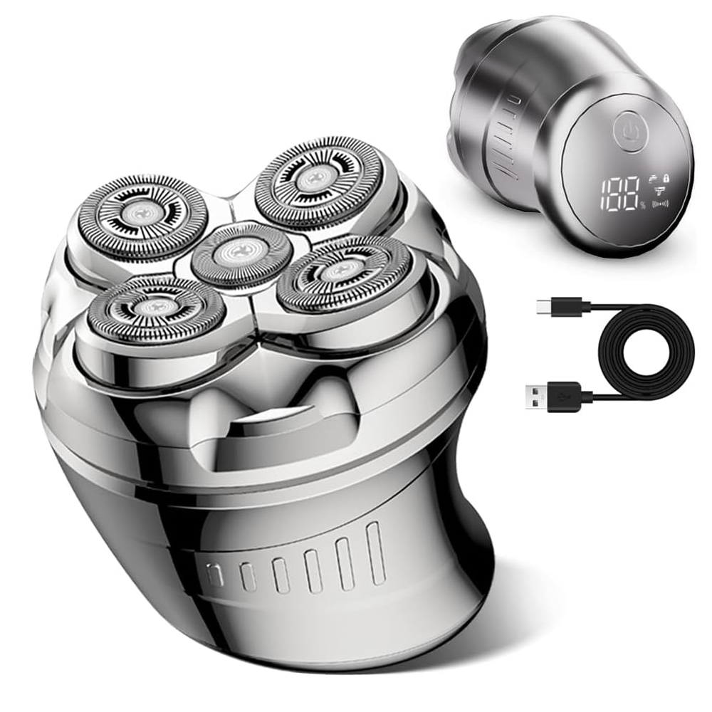 Elektrische 5D Floating Head Rasierer für Glatzköpfige Männer, Nass-Trockensystem Rotationsrasierer Gesicht mit LED-Anzeige Wiederaufladbar, Geschenke für Männer