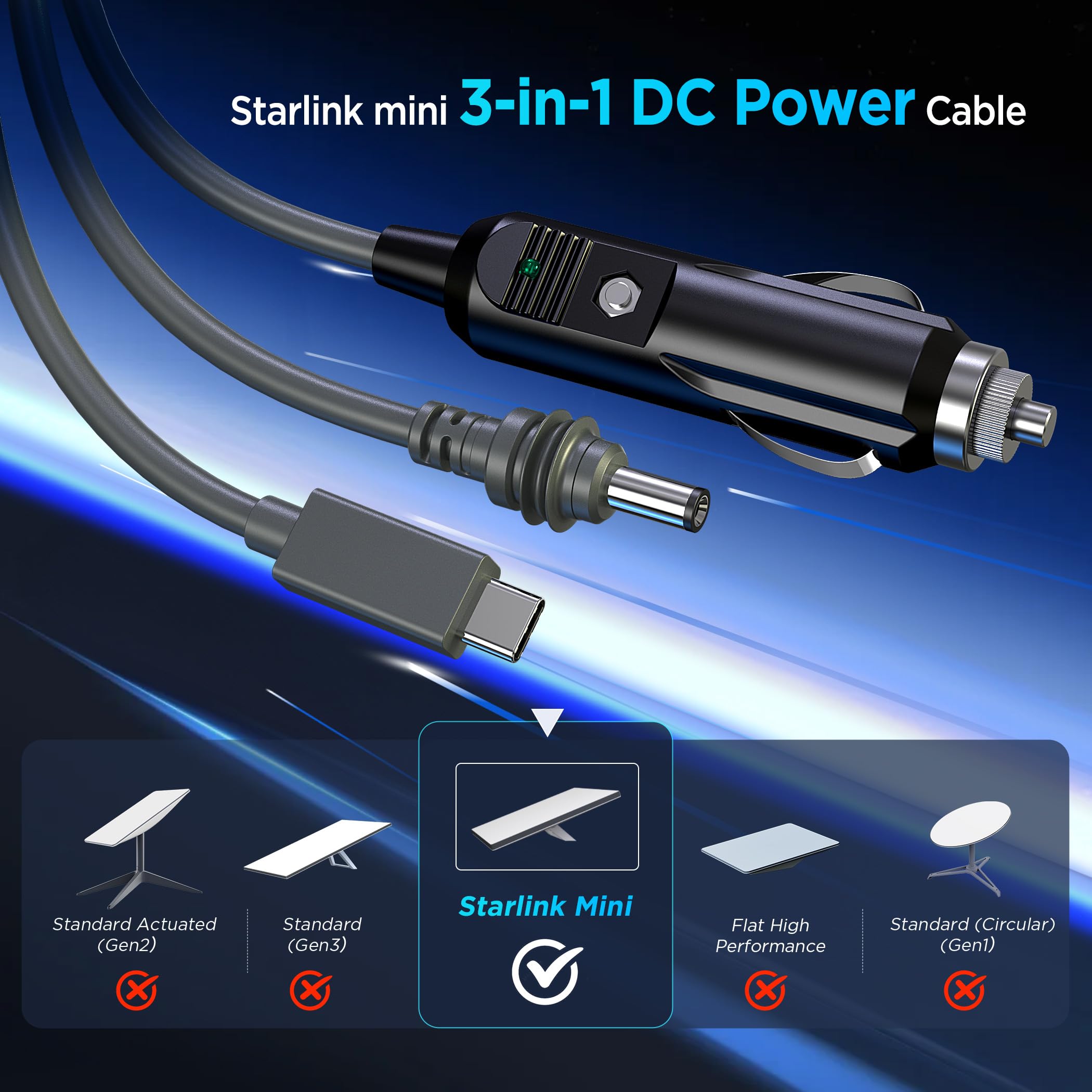 3-in-1 Starlink Mini-Kabel 3M, Hochgeschwindigkeits-USB-C/Auto-Ladegerät/DC-zu-DC-Ersatzkabel, Wasserdichte Verlängerungs-Stromkabelzubehör