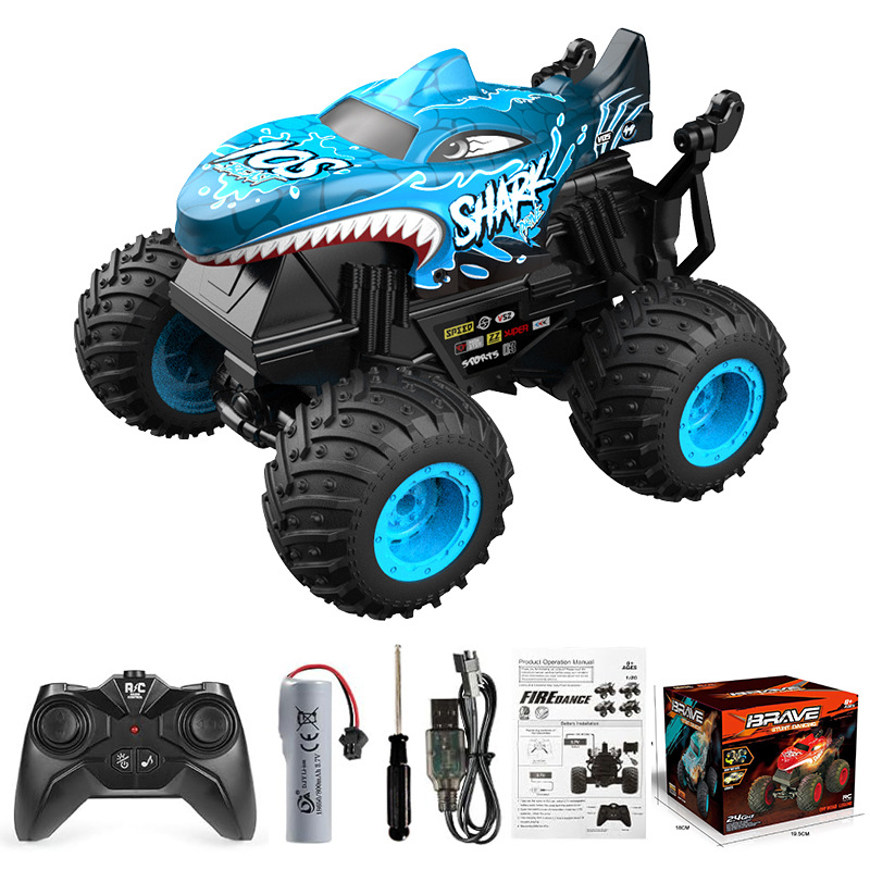 Fernsteuerbares Haifisch-Monster-Truck 2,4GHz Stunt Auto RC Spielzeug Licht Sound All Terrain Innen Außen für Kinder Farbe Blau