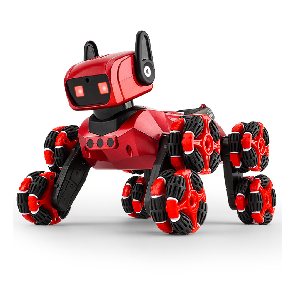 Ferngesteuerte Roboter-Hunde-Spielzeuge für Jungen und Mädchen, Wiederaufladbarer Stunt-RC-Hund mit Musik-Spray, Mehrfache Haltungen und LED-Augen (Rot)