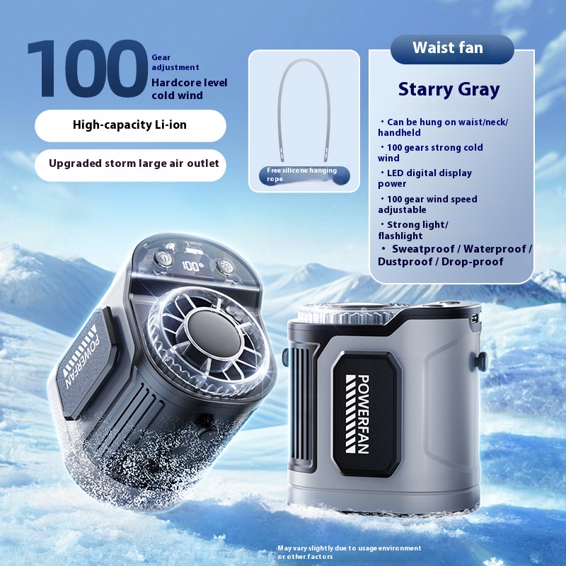 Gray 100 Speed USB Wiederaufladbarer Taillenlüfter Tragbarer Outdoor-Kühlung LED-Anzeige Wasserdicht Staubdicht Fallfest Für Baustellen Hals Handheld-Nutzung