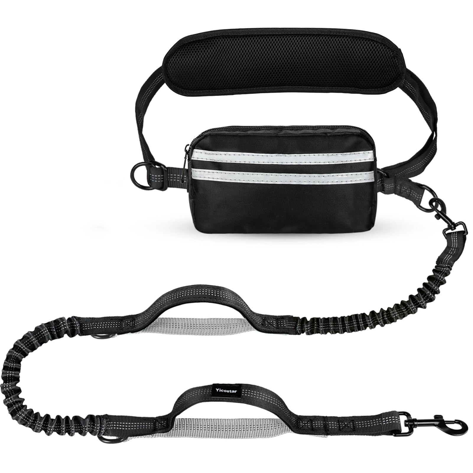 Hands Free Dog Leash, Einstellbarer Taillengürtel mit doppelten gepolsterten Griffen, einziehbares Bungee für mittelgroße bis große Hunde zum Gassigehen und Laufen (Black-Silver)