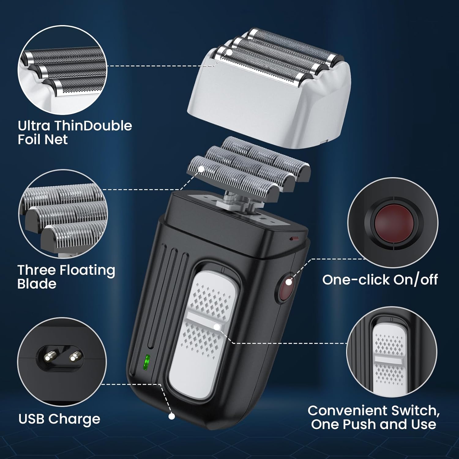 Elektrorasierer für Männer, 3 schwimmende Klingen, 90 Min Laufzeit, USB wiederaufladbar, Schwarz