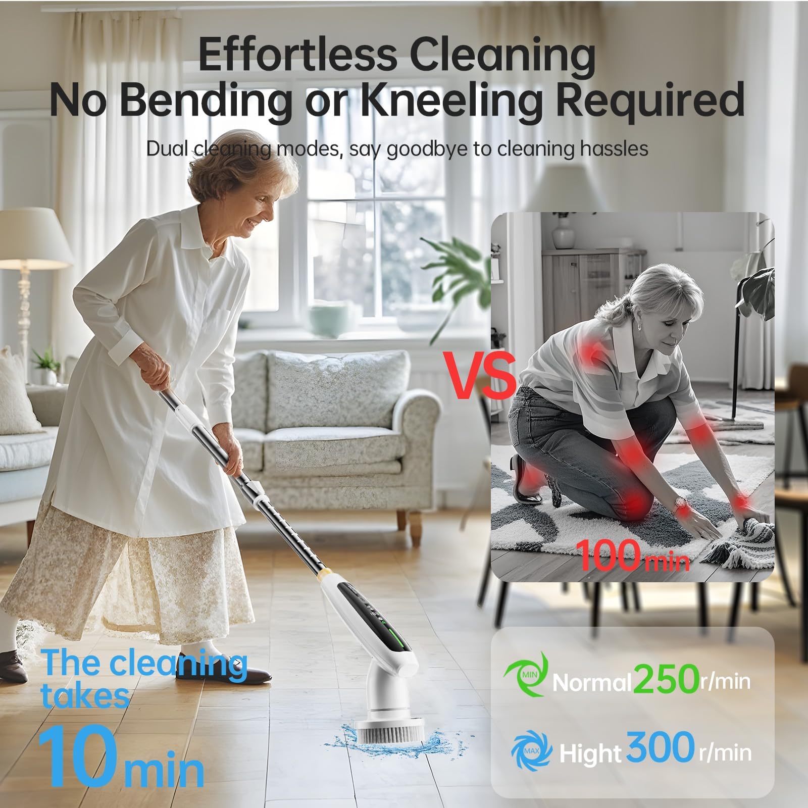 Elektrischer Spin Scrubber Kabelloser Dusch-Scrubber 8 Austauschbare Köpfe, Einstellbare Verlängerbare Stange Doppel-Geschwindigkeits-Reinigungsbürste mit langem Griff für Badezimmer