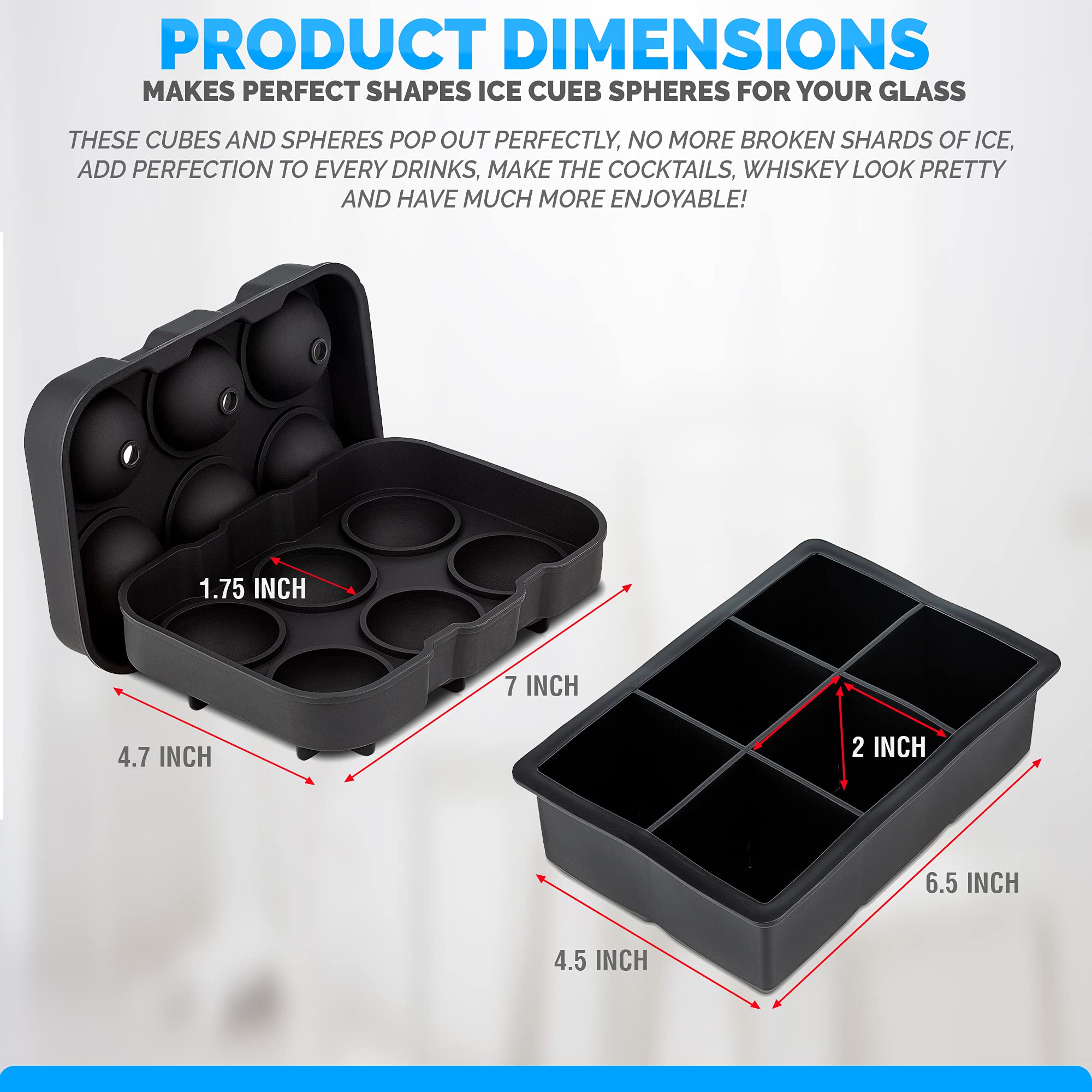 Silicone Whiskey Ice Ball Mold, Ice Ball Maker Mold, Round Ice Cube Mold, Sphere Ice Cube Mold, Square Large Ice Cube Tray for Cocktails & Bourbon - Easy Release BPA Free 2Pack