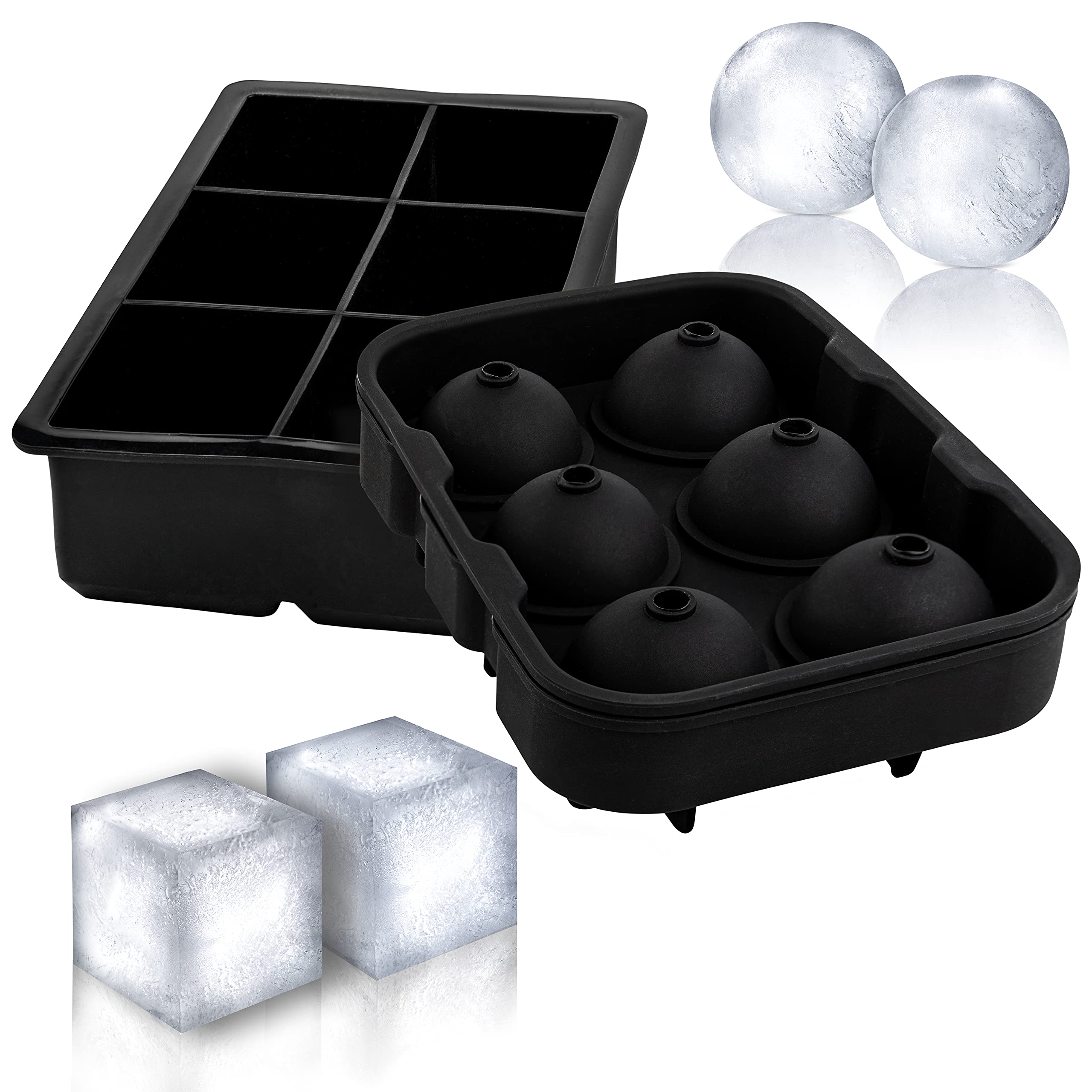 Silicone Whiskey Ice Ball Mold, Ice Ball Maker Mold, Round Ice Cube Mold, Sphere Ice Cube Mold, Square Large Ice Cube Tray for Cocktails & Bourbon - Easy Release BPA Free 2Pack