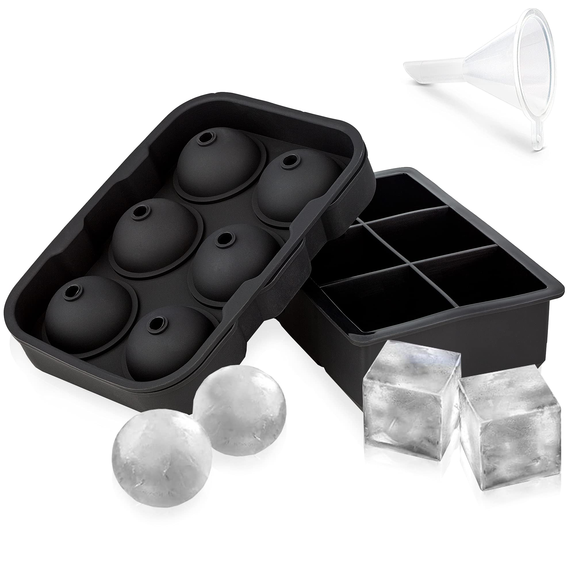 Silicone Whiskey Ice Ball Mold, Ice Ball Maker Mold, Round Ice Cube Mold, Sphere Ice Cube Mold, Square Large Ice Cube Tray for Cocktails & Bourbon - Easy Release BPA Free 2Pack