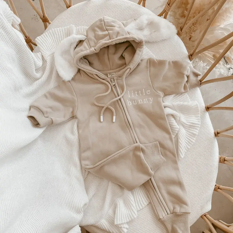 Little Bunny Hoodie Zip Romper - 100% Cotton - Toddler Winter Fashion - Baby Clothes -Announcement Outfit - Easter Outfit