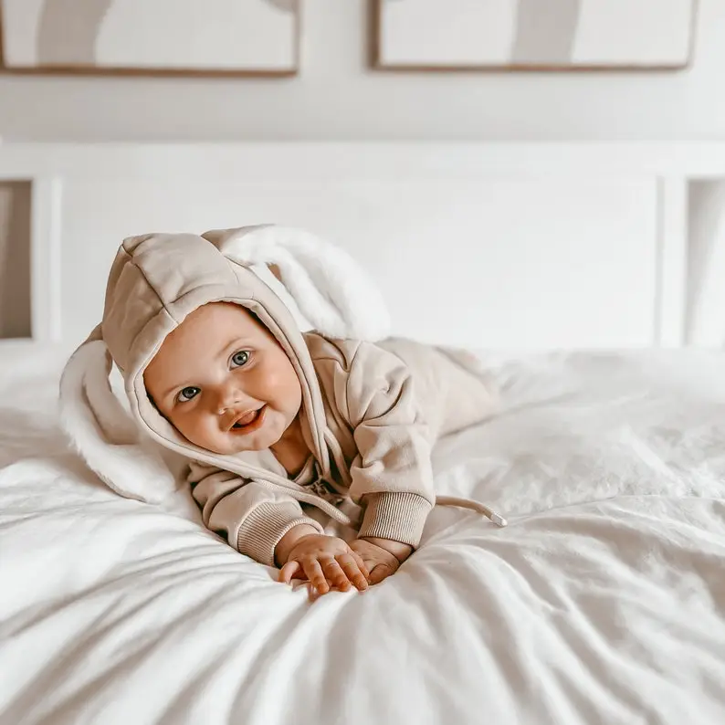 Little Bunny Hoodie Zip Romper - 100% Cotton - Toddler Winter Fashion - Baby Clothes -Announcement Outfit - Easter Outfit