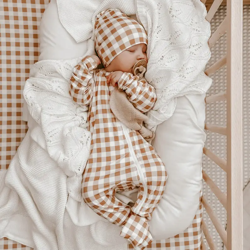 Gingham Bamboo Baby Growsuit Double Zip - Footie Romper - Zipsuit - Baby Announcement Outfit - One piece - Long Sleeve - Winter Clothes