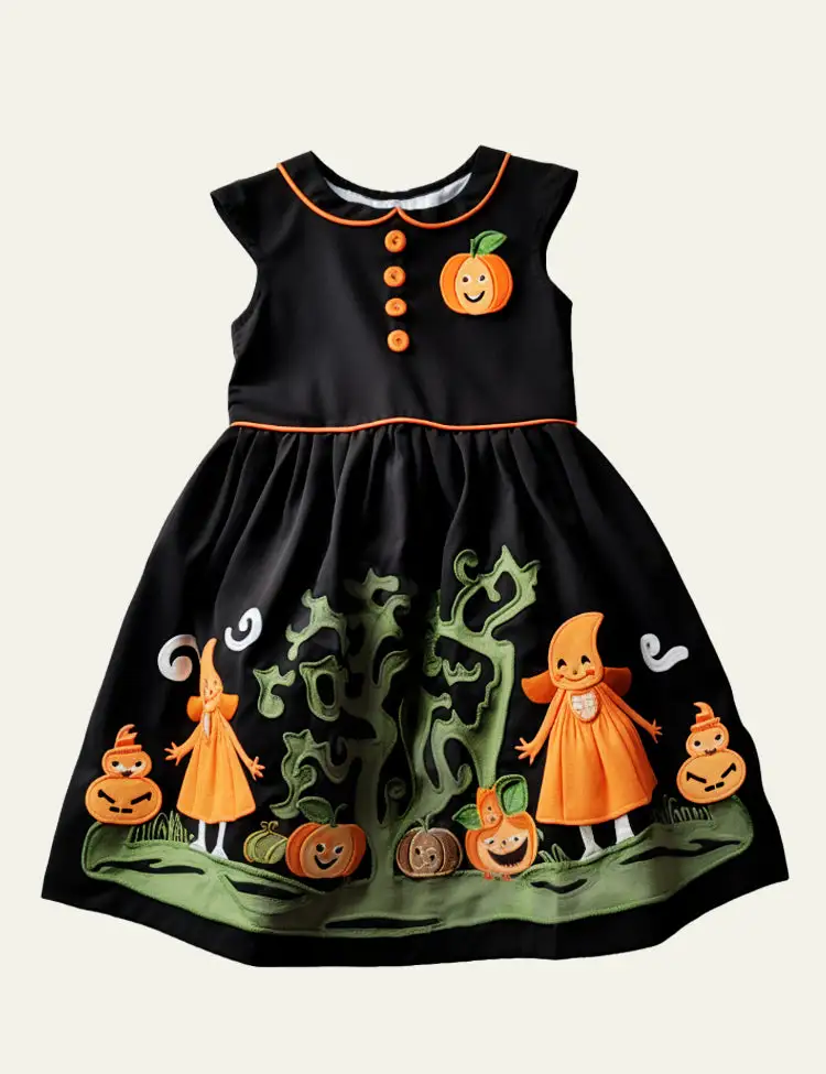 Toddler Kid Girl Halloween Pumpkin Family Parade Botton Design Sleeveless Dress