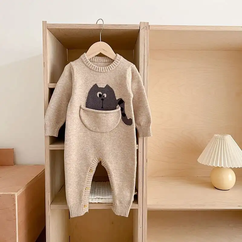Cartoon Print Long Sleeve Baby Knitted Jumpsuit