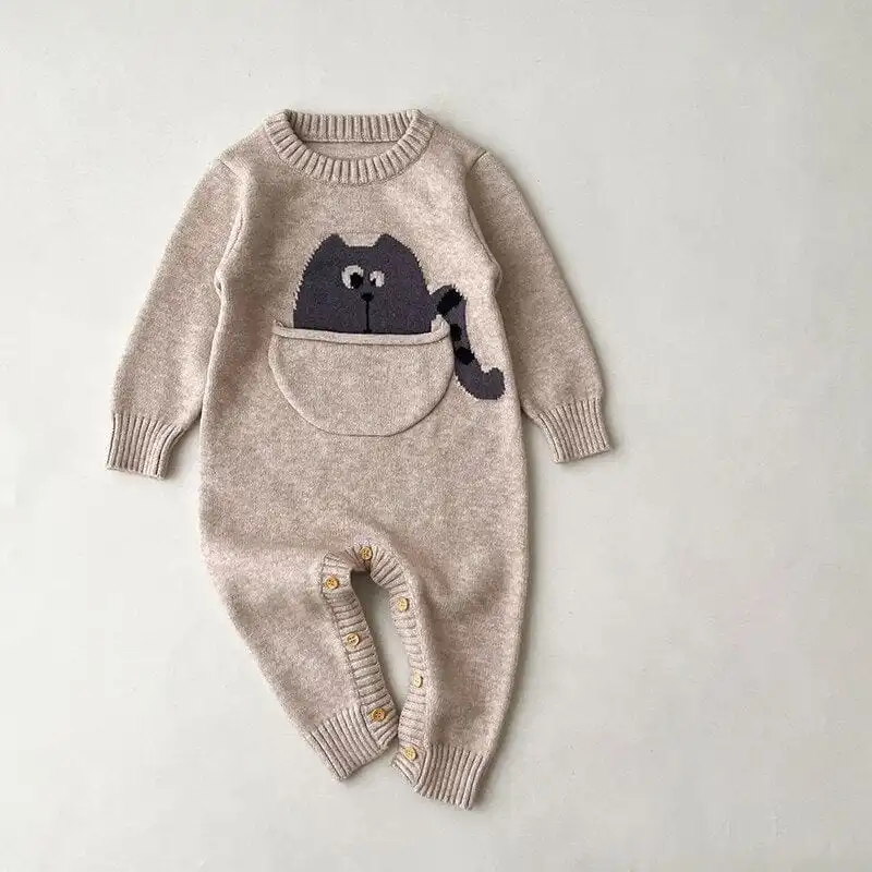 Cartoon Print Long Sleeve Baby Knitted Jumpsuit