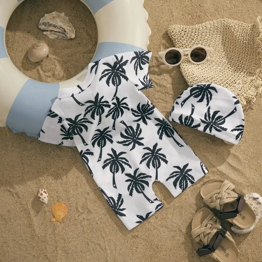 Boy Coconut Tree Swimsuit Set with Hat