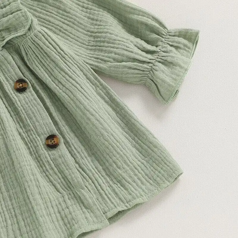 Long Sleeve Solid Buttons Toddler Dress