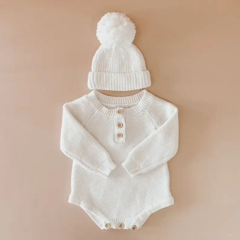 Milk Long Sleeve Baby Knit Romper - Winter - Cotton - Babies First Outfit - Photography Prop - Gender Neutral - Baby Announcement - Heirloom