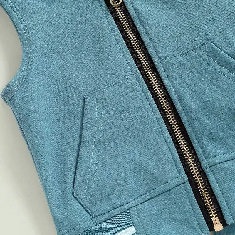 Sleeveless Blue Zipper Hooded Baby Set