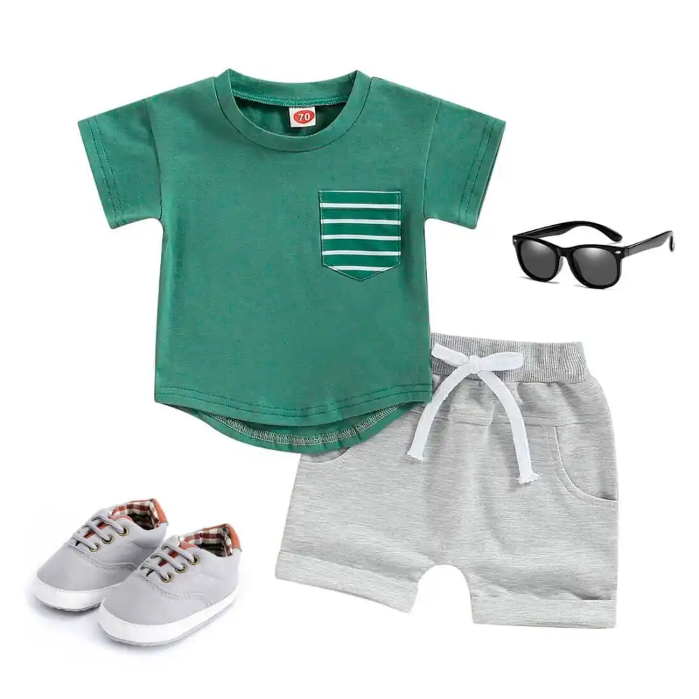 Striped Pocket Tee Solid Shorts Baby Set