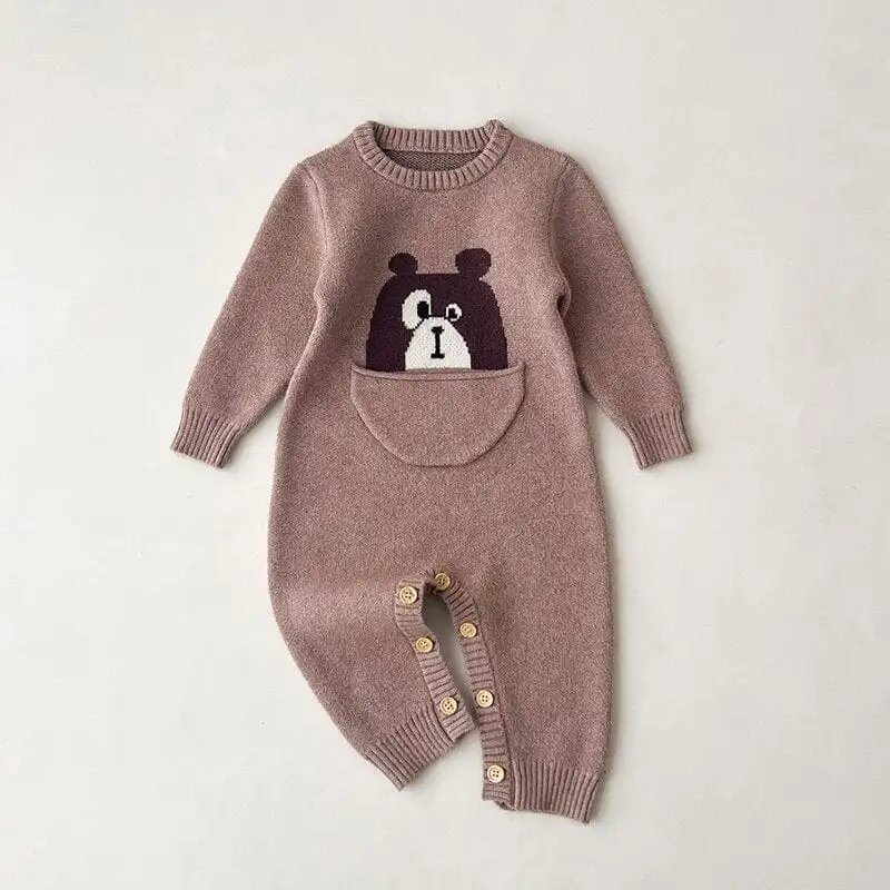 Cartoon Print Long Sleeve Baby Knitted Jumpsuit