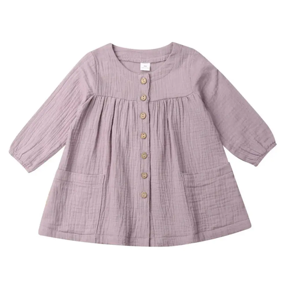 Long Sleeve Button Linen Toddler Dress