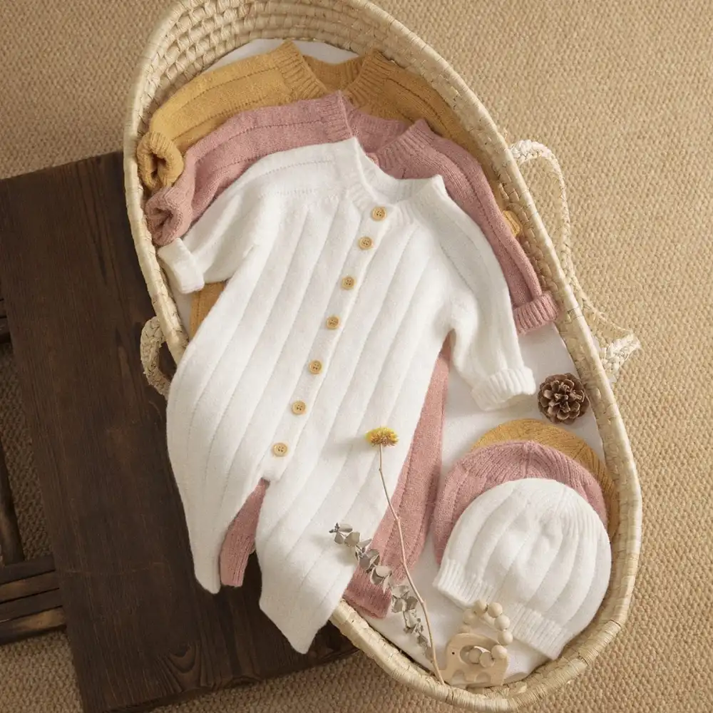 Knitted Baby Jumpsuit with Hat