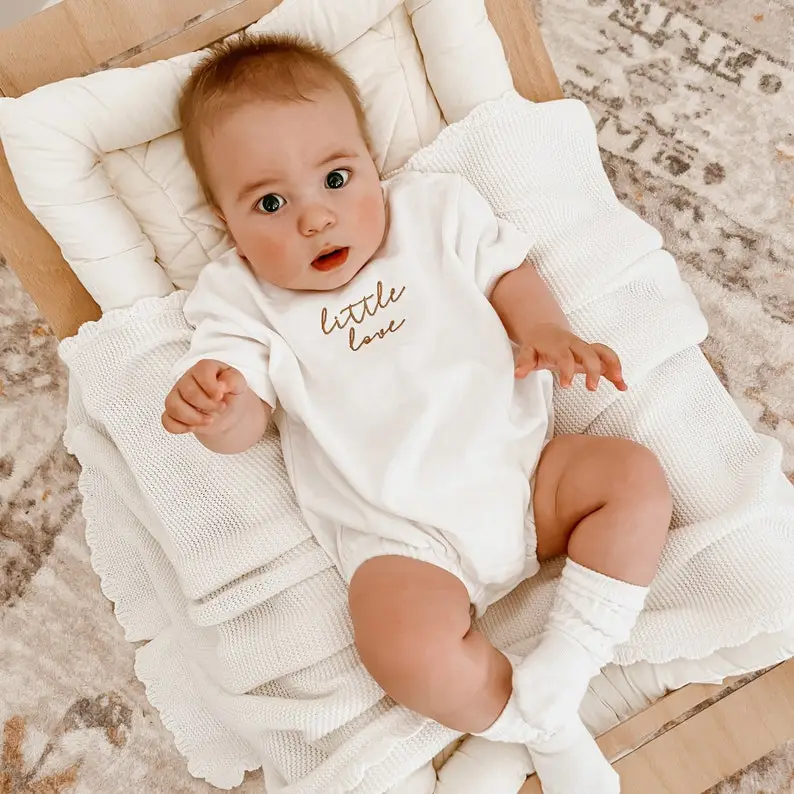 Milk Little Love Baby Embroidered Short Sleeve Bubble Romper - 100% Cotton - Baby Clothes - Announcement Outfit