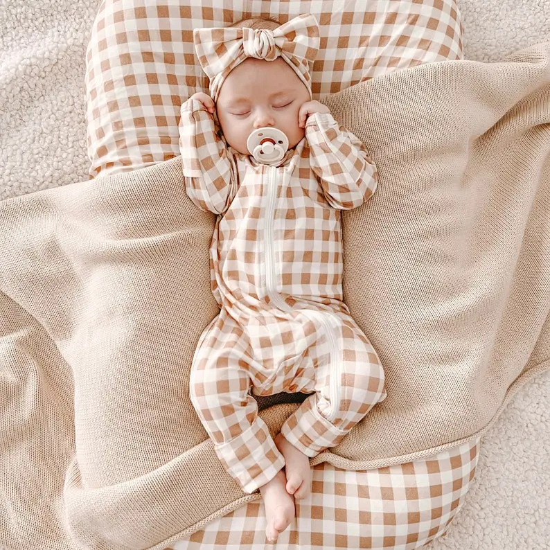Gingham Bamboo Baby Growsuit Double Zip - Footie Romper - Zipsuit - Baby Announcement Outfit - One piece - Long Sleeve - Winter Clothes