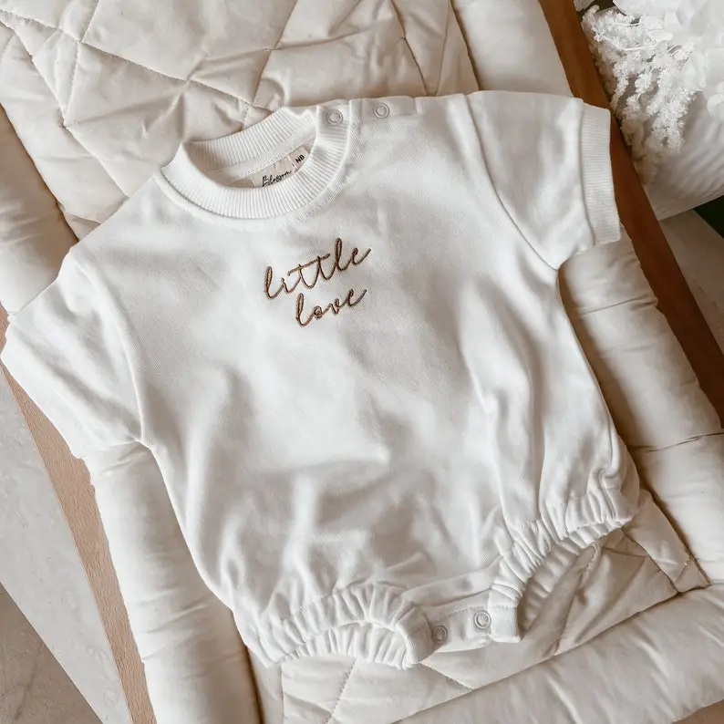 Milk Little Love Baby Embroidered Short Sleeve Bubble Romper - 100% Cotton - Baby Clothes - Announcement Outfit