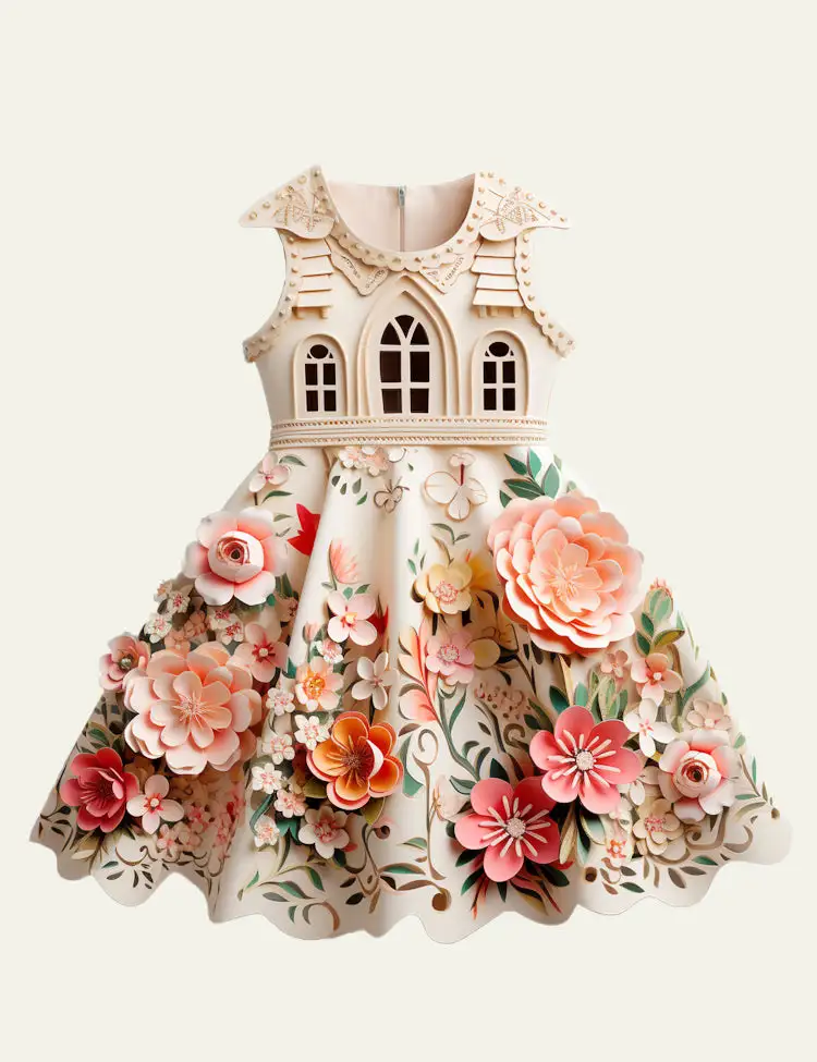 Toddler Kid Girl Princess Garden Castle Design Sleeveless Splicing Flower Embroidered Dress