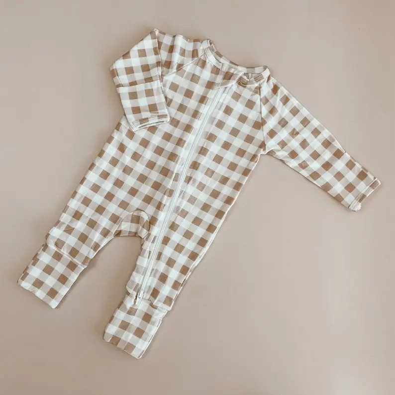 Gingham Bamboo Baby Growsuit Double Zip - Footie Romper - Zipsuit - Baby Announcement Outfit - One piece - Long Sleeve - Winter Clothes