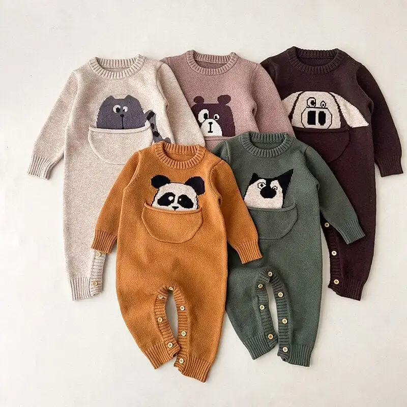 Cartoon Print Long Sleeve Baby Knitted Jumpsuit