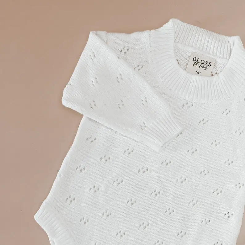The Mabel Pointelle Long Sleeve Baby Knit Romper - Winter - Cotton - Babies First Outfit - Photography Prop - Baby Announcement - Heirloom