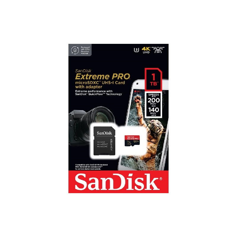 SanDisk Extreme PRO microSDXC UHS-I Memory Card 1 TB + Adapter & RescuePRO Deluxe (for Smartphones, Action Cameras or Drones, A2, Class 10, V30, U3, 200 MB/s Transfer)