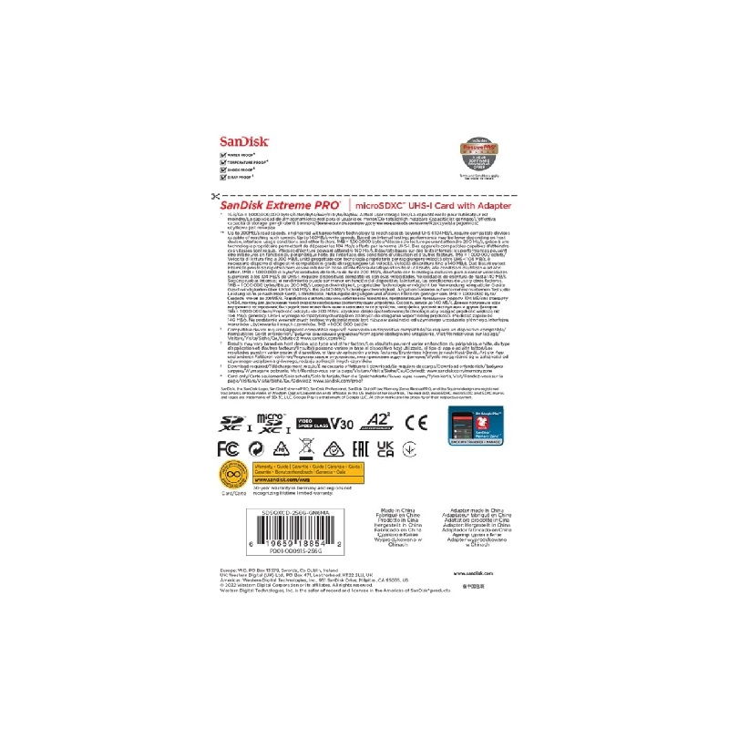 SanDisk 256GB Extreme PRO® microSD™ UHS-I Card with Adapter C10, U3, V30, A2, 200MB/s Read 140MB/s Write SDSQXCD-256G-GN6MA