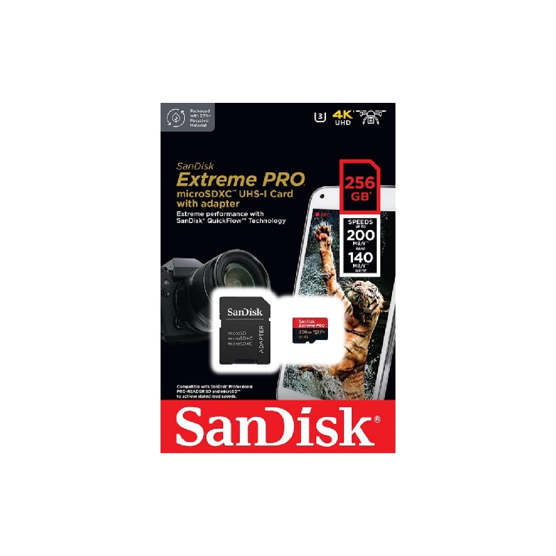 SanDisk 256GB Extreme PRO® microSD™ UHS-I Card with Adapter C10, U3, V30, A2, 200MB/s Read 140MB/s Write SDSQXCD-256G-GN6MA