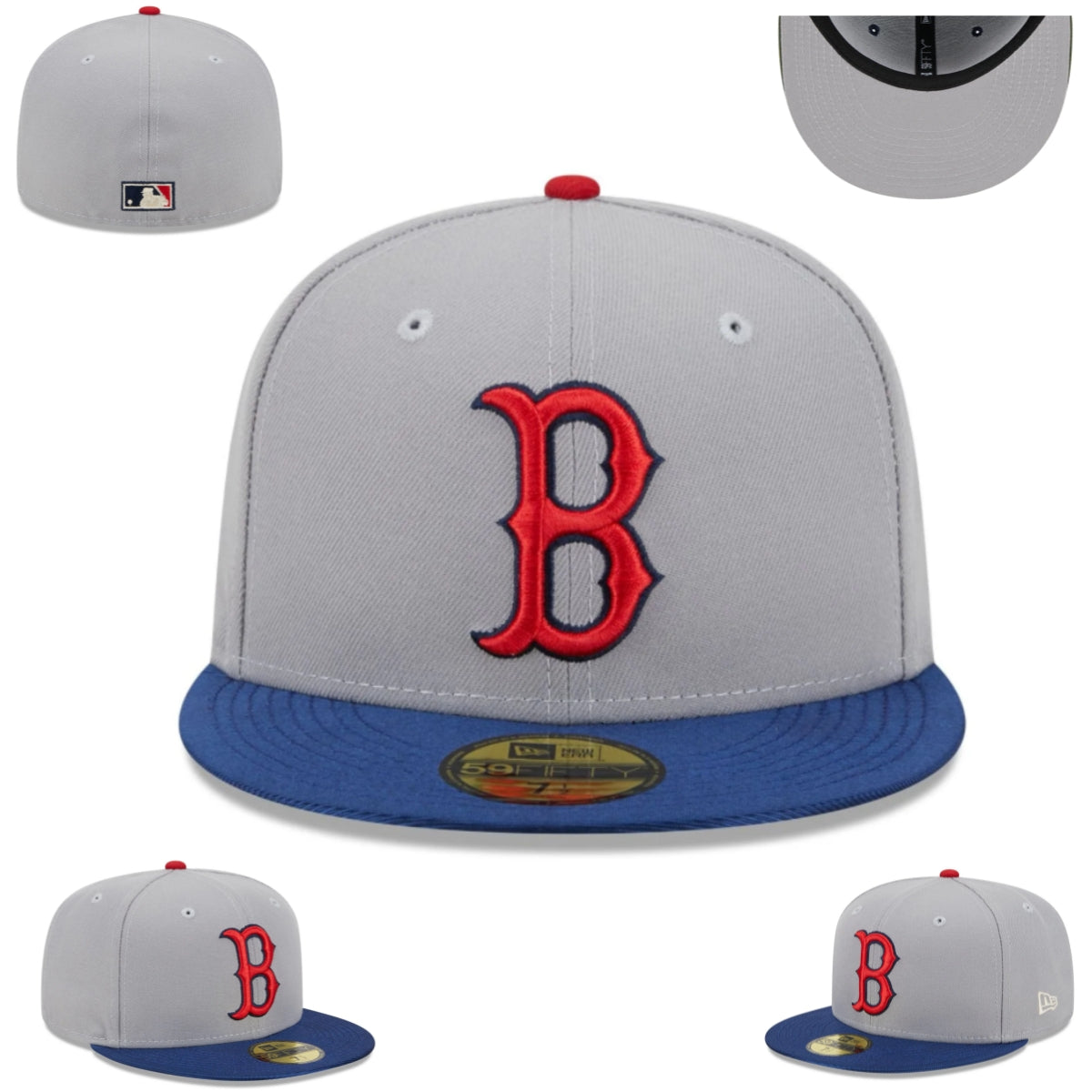 Boston Red Sox Gray and Blue Fitted Hat with Red Embroidered Logo
