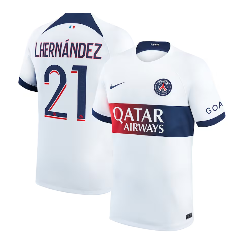 Paris Saint-Germain Away Shirt 2023-24 with Player Hern��ndez 21 printing Jersey - White