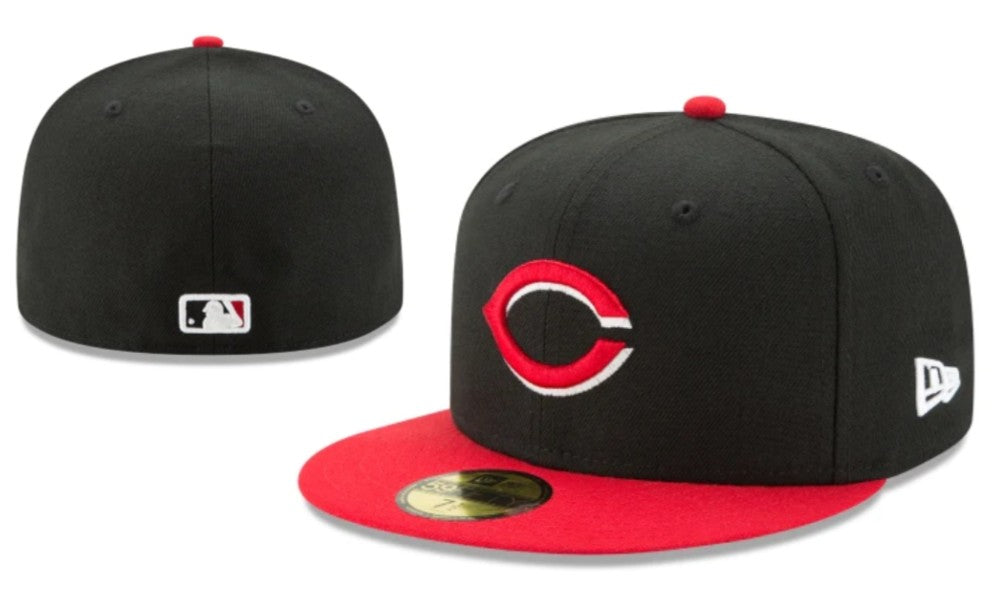 Cincinnati Reds Official Fitted Hat with Red Visor – Black and Red