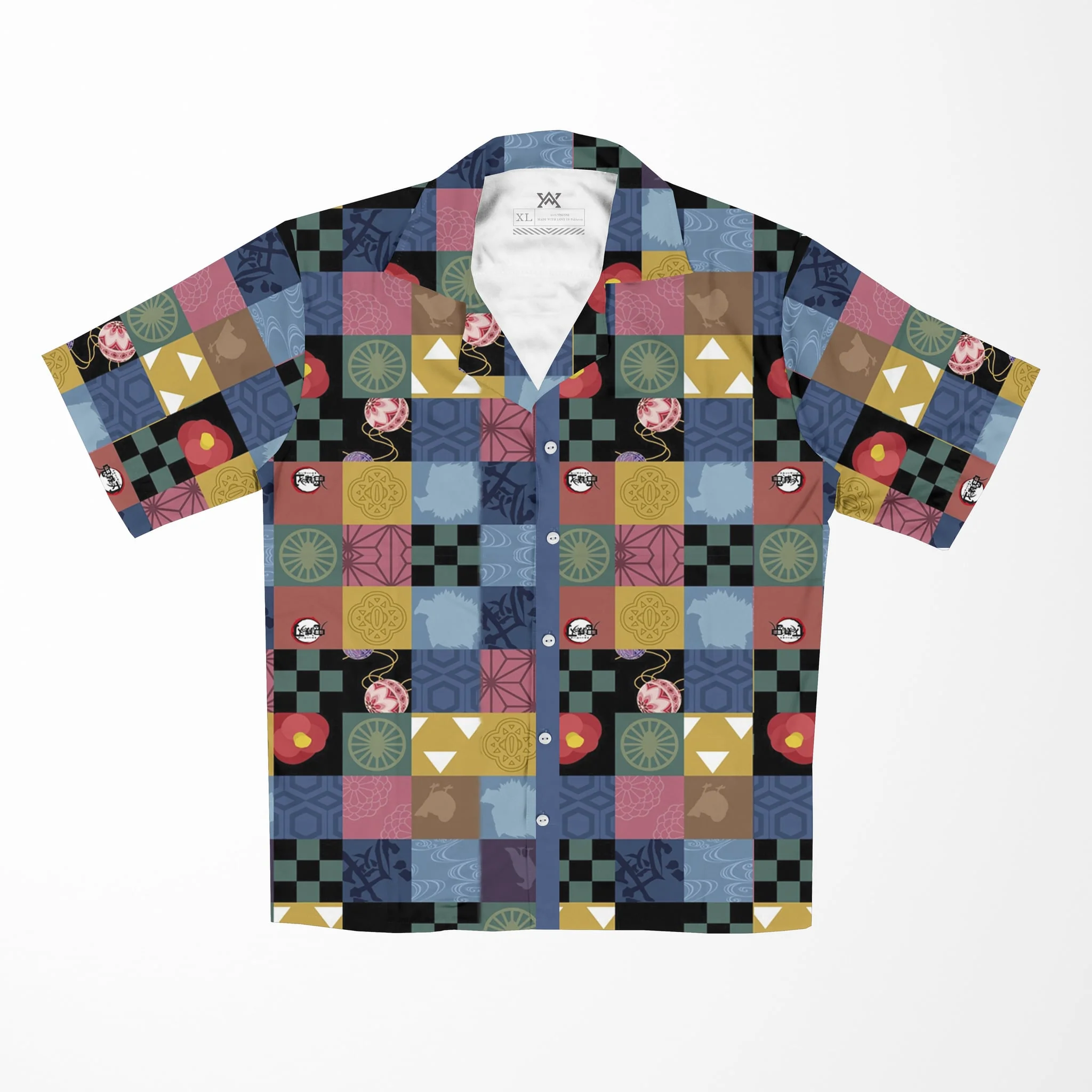 Demon Slayer Patches Button Up Hawaiian Short Sleeved Shirt