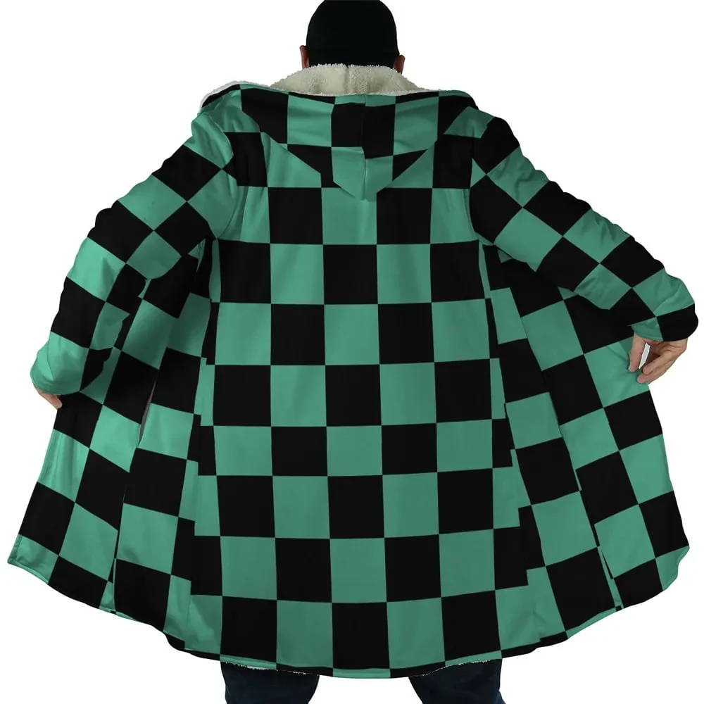 Demon Slayer Classic Green Check Fleece Hooded Cloak Coat