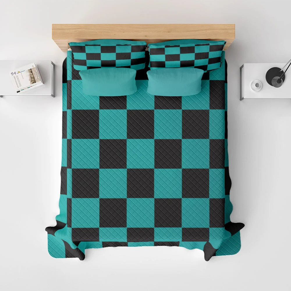 Demon Slayer kimetsu na Classic Green Check Bedspread Quilt Set
